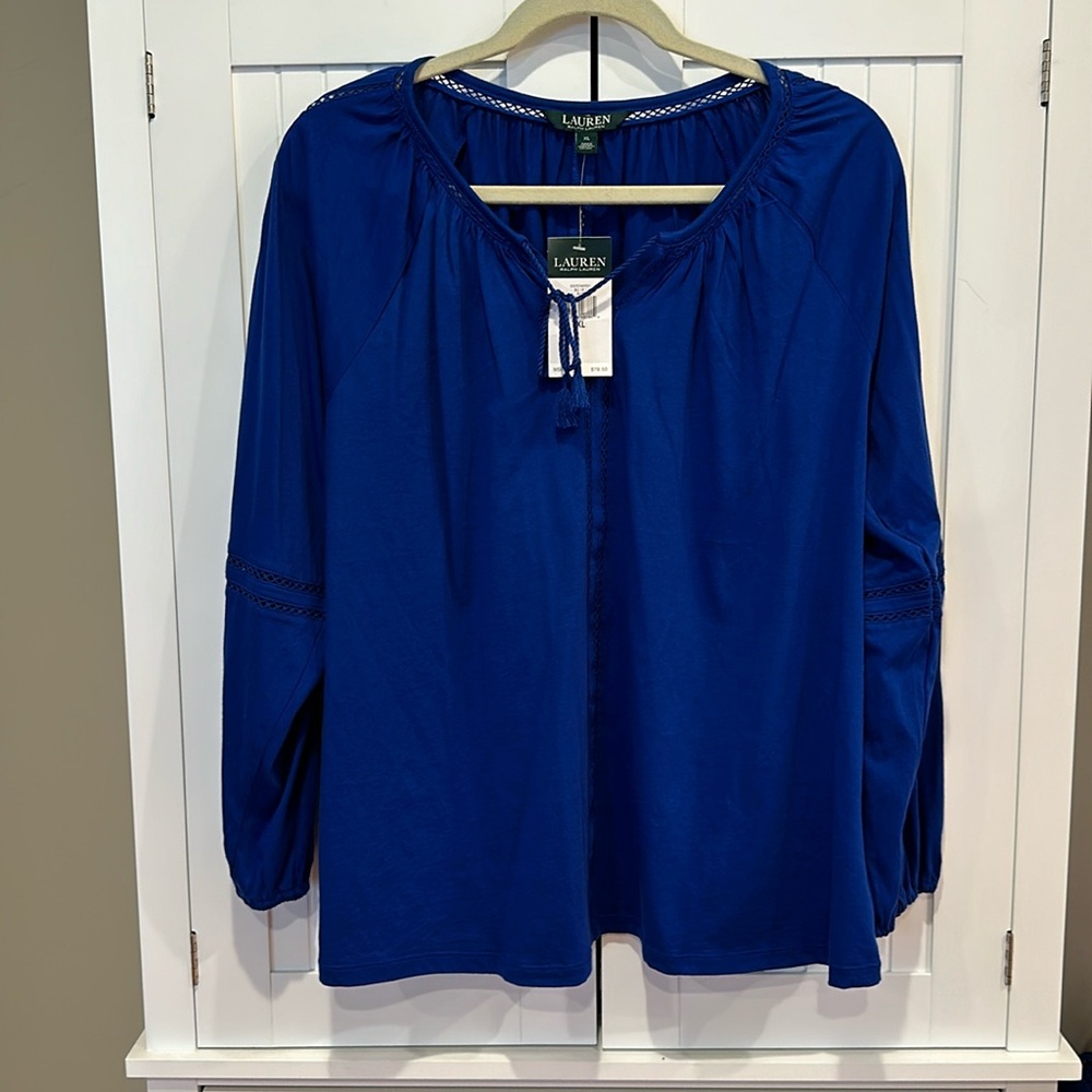 Ralph Lauren peasant top with tassel tie and lace detail.